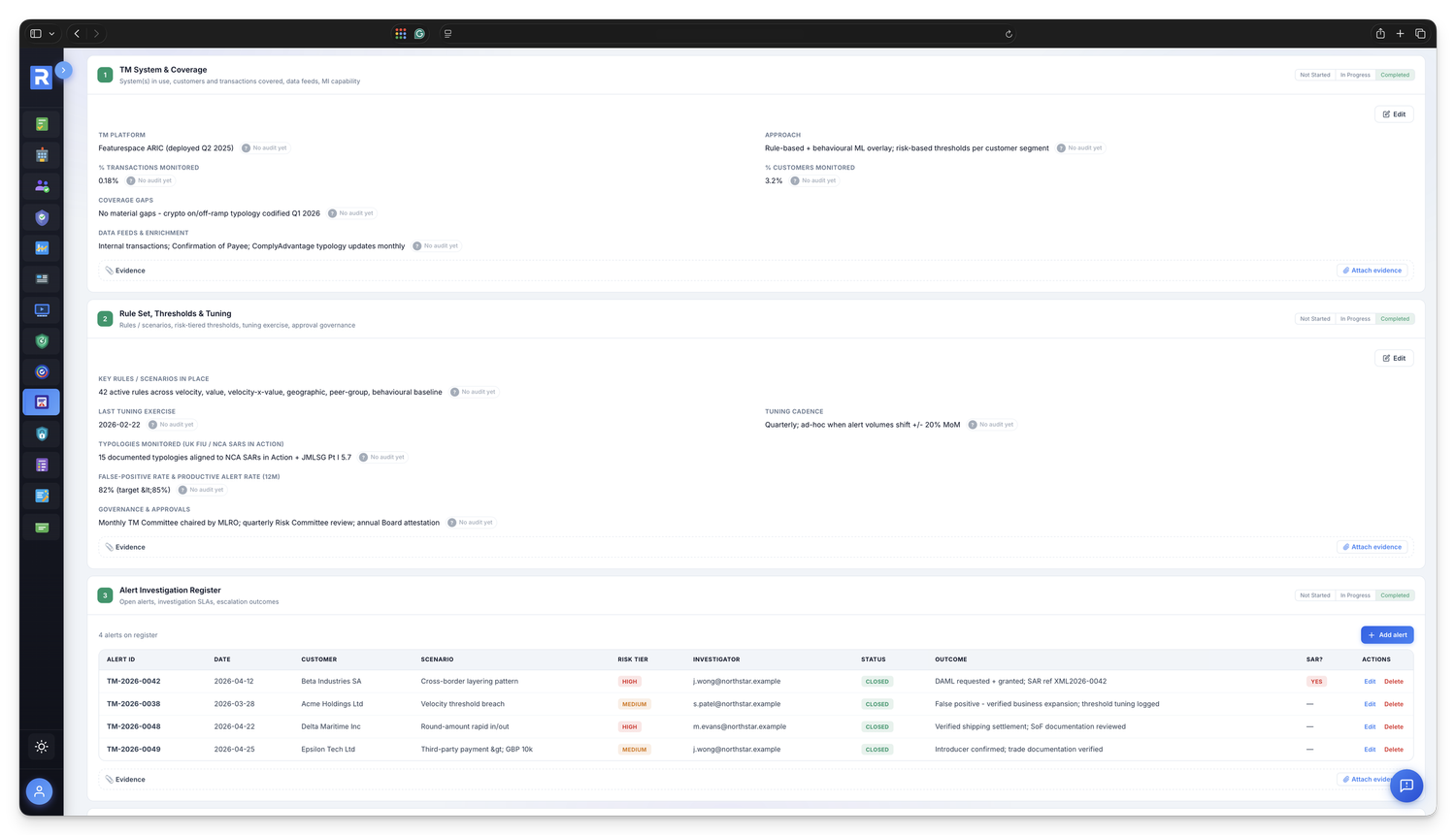 Transaction monitoring workspace — rule set and tuning, an alert-investigation register and a red-flag and typology watchlist